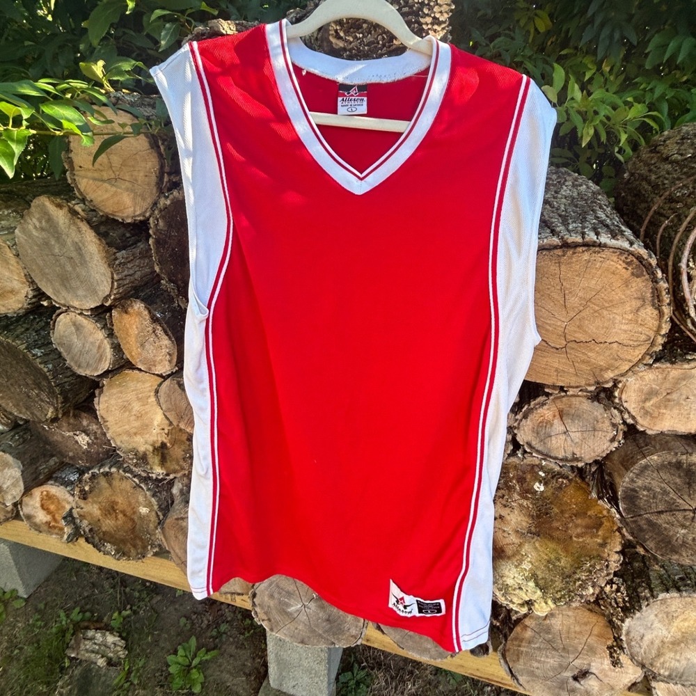 Alleson Athletic Basketball Jersey Mesh V-Neck Sleeveless Red White Sporty Retro